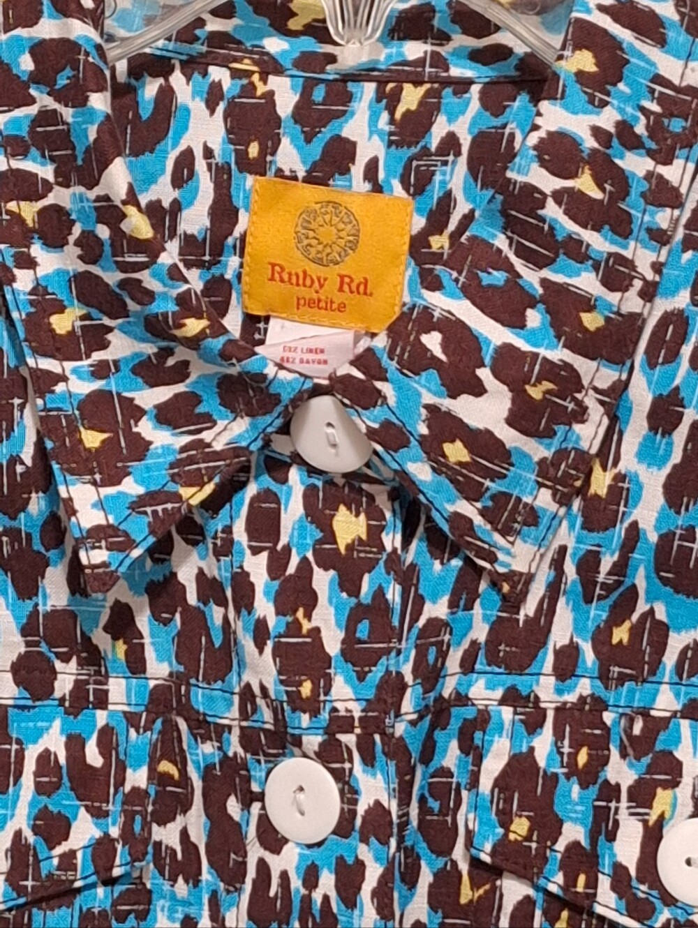 Ruby Rd. 16P Teal & Brown Leopard Print Button-Front Jacket. Linen blend. - Picture 8 of 16